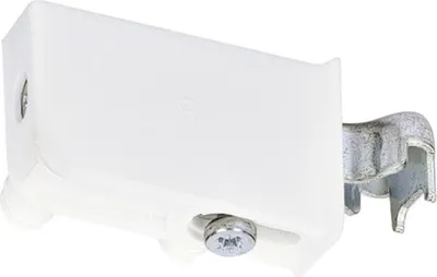 A white cabinet hanger with a metal bracket is shown against a white background.