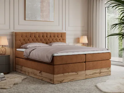 Produktbild von MKS MEBLE King Boxspringbett 200x200 mit Bettkasten Eiche, Polsterbett 200x200 mit Matratze H4, Bett 200x200 mit Kopfteil, Bett mit Holzrahmen in Wotan Eiche - Orange Struktur - Amore King