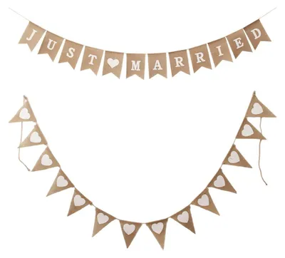 Produktbild von Just Married Girlande & Herz Wimpelkette, Vintage Hochzeit Deko Banner, Leinen & Jute, 2er Set