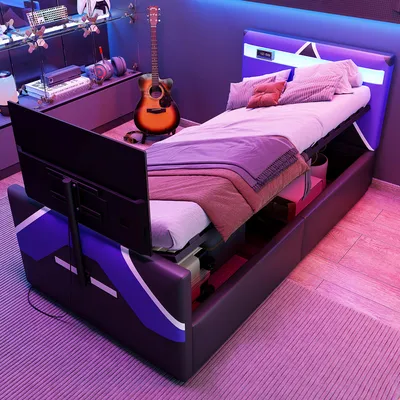 Image de OKWISH Lit Coffre 90x200 cm - Lit Enfant avec Rangement Hydraulique et Éclairage LED, sans Matelas - RevêtementPolyuréthaneNoir Bleu