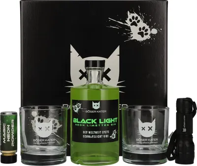 Produktbild von BÖSER KATER Black Light Neon Limetten Gin 40% Vol. 0,5l in Geschenkbox mit UV-Taschenlampe & Gläsern