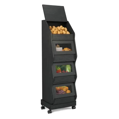 Productafbeelding van Puluomis Keukenrek, mobiele keukentrolley met klapdeur, wielen, groentecontainer voor groenten en fruit, ventilatie door metalen rooster, aardappelbak, zwart