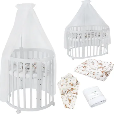 Produktbild von Mobiles Babybett OWAL aus Holz 7in1 mit Matratze, mitwachsend,Stoffe Weiß Tiere,Holz weiß