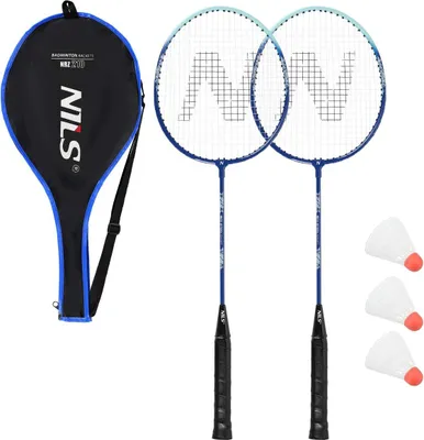 Produktbild von NILS Badminton Schlägerset aus Stahl mit 2 Schlägern und Federbällen