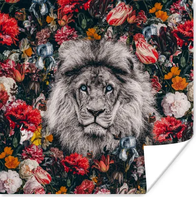 Produktbild von MuchoWow® Poster Löwen - Blumen - Farbe 75x75 cm - Wand Dekoration