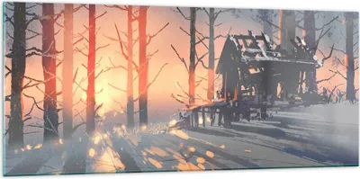 Produktbild von Bilder auf glas - Winter Wald Hütte - 120x50cm - Glasbilder - Wandbilder - Kunstdruck - zum Aufhängen bereit - Wanddekoration aus Glas - Glas Bilder - Wandbild auf Glas - Einteilig - GAB120x50-3854