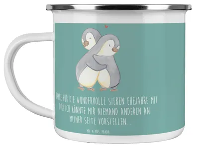 Produktbild von Mr. & Mrs. Panda Teetasse 7. Hochzeitstag Kupferhochzeit - Meeresbrise - Geschenk, Teebecher, Heiraten, Beziehung, Pott, handgefertigte Geschenke, wandertasse, Heirat
