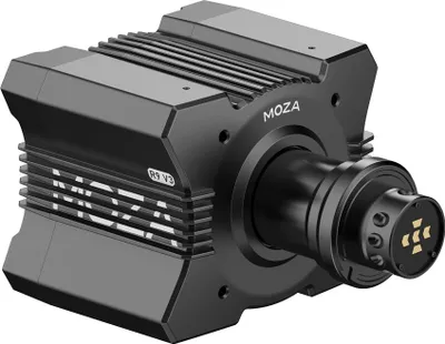 A black Moza Racing R9 V3 direct drive steering wheel base is shown from a diagonal front-left angle against a white background.
