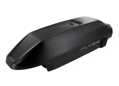 A black e-bike battery pack is shown against a white background.