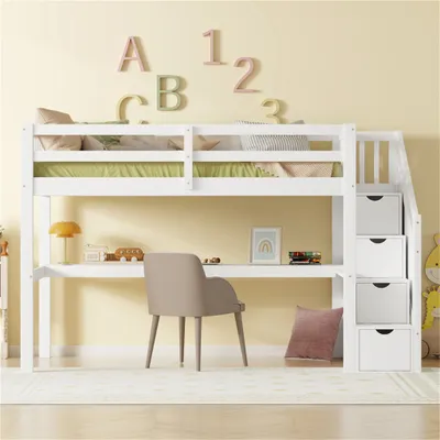 Produktbild von Hochbett 90 x 200 Kinderhochbett mit Stauraumschubladen und Unterbettschreibtisch, Weiß