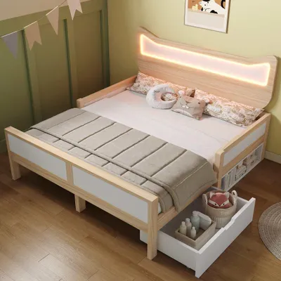 Obrázek produktu pro Dětská postel s kočičími ušima a RGB LED, výsuvnou zásuvkou, úložným prostorem montovatelným z obou stran, ochrannou mřížkou, roštem, v provedení bílá a dub, 140 x 200 cm
