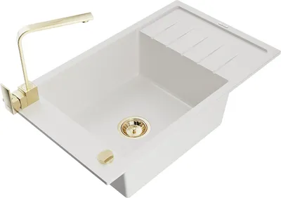 Produktbild von Mexen Elias 1 Becken-Granitspüle mit Abtropffläche und Mischbatterie Rita, Weiß - 6511-20-670300-50