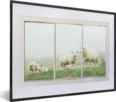 Produktbild von MuchoWow® MuchoWow® Gerahmtes Poster Durchschauen - Schafe - Gras 40x30 cm - Poster mit zchwarzem Bilderrahmen - Bilderrahmen - Poster im Rahmen