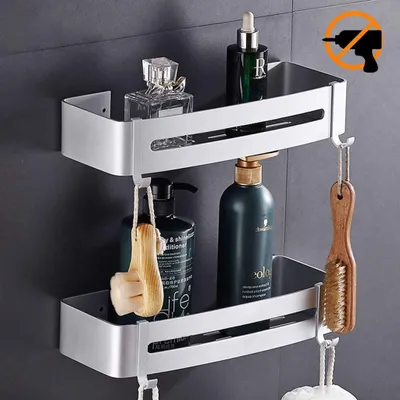 Produktbild von Befestigung des Badhalters ohne Bohren Badezimmerablage, 2-Schicht-Edelstahl-Aluminium-Legierung Badezimmer-Duschablage Duschkorb für Shampoo