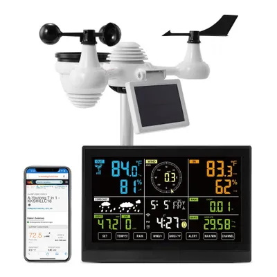 Immagine prodotto di Stazione meteo professionale WLAN 7-in-1 ad energia solare Display da 7,5'' Portata di trasmissione 150 m - Sensore esterno per velocità del vento, direzione del vento, temperatura, umidità, precipitazioni.