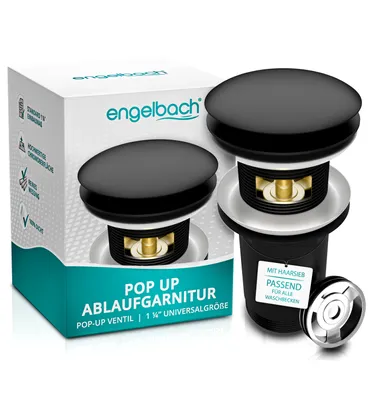 Produktbild von Engelbach Pop Up Ablaufgarnitur Waschbecken mit Überlauf inkl Dichtungen Schwarz