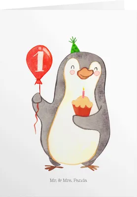 Produktbild von Mr. & Mrs. Panda Geburtstagskarte 1. Geburtstag Pinguin Luftballon - Weiß - Geschenk, Hochzeitskarte, Glückwunschkarte, Klappkarte, Grusskarte, Herzlichen Glückwunsch
