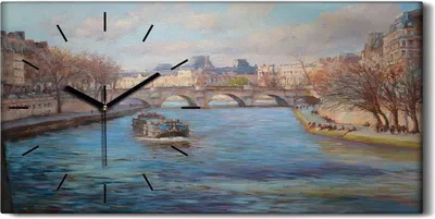 Produktbild von Wohnzimmer-Bild Leinwand Uhr 60x30 Gemälde Stadt Gebäude Fluss Brücke Boot Bäume - schwarze Hände