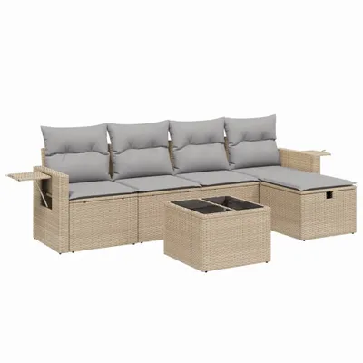 Image de ensemble de salon de jardin 6 pièces avec coussins Beige Poly Rattan