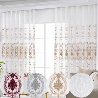 Produktbild von Durchscheinende Vorhänge Set 2 Stück Schlafzimmer Transparent Blumen Stickerei Vorhang mit Ösen Voile Gardinen Wohnzimmer Dekoration Beige 140x245cm
