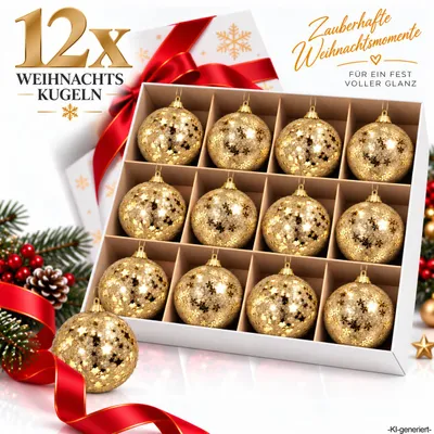 Produktbild von 12er Set Weihnachtskugeln Gold Ø 8 cm mit Glitzer Sternen & Schneeflocken – Christbaumkugeln Weihnachtsbaumschmuck Baumschmuck Weihnachtsdeko