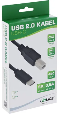 Produktbild von InLine USB 2.0 Kabel, USB-C Stecker an B Stecker, schwarz, 3m, 3 m, USB C, USB B, USB 2.0, Stecker/Stecker, Schwarz