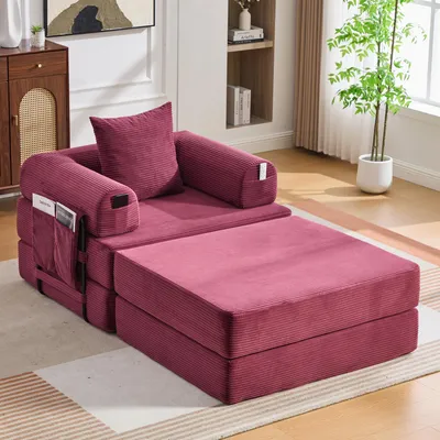 Produktbild von Cord-Kompressionssessel mit Hocker Metallrahmen Seitentasche Kissen 112x190x67 cm weinrot