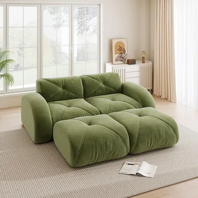 Image de Canapé modulable deux places en chenille avec 2 poufs, sans structure, mousse 32D, 204 x 171 x 76 cm, vert