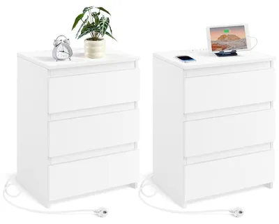 Obrázek produktu pro Noční stolek - S nabíjecí stanicí - 3 zásuvky - Bílá - 45,5 x 35,5 x 60,5 cm