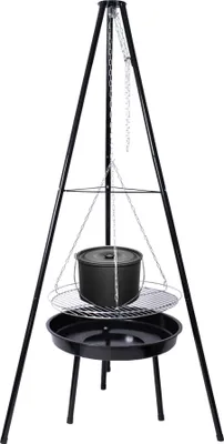 A black tripod grill with a pot and cooking grates, set against a white background.