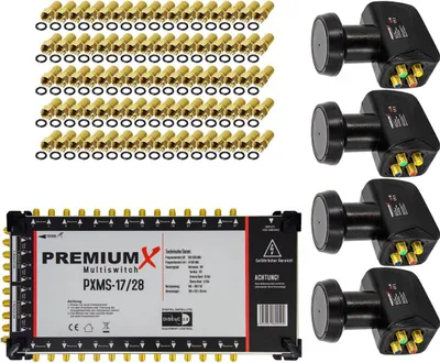 Produktbild von PremiumX Multischalter Set 17/28 Multiswitch 4x Quattro LNB 80x F-Stecker, Satverteiler 4 SAT für 28 Teilnehmer HDTV FullHD 4K UHD 8K