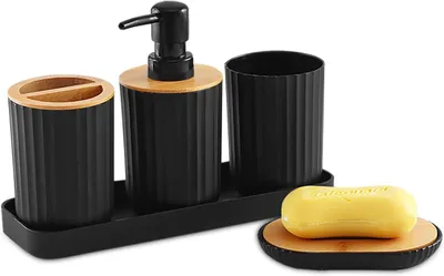 Produktbild von Badezimmer-Accessoires Set Schwarz, 5 Stück, Kunststoff und Bambus, Seifenspender mit Abtropfplatte, Zahnputzbecher und Zahnbürstenhalter