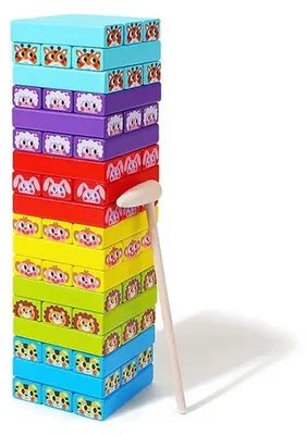 Produktbild von Holz Jenga Turm Spiel Bunt - 54 Teile - Wackelturm Geschicklichkeitsspiel ab 4 Jahren