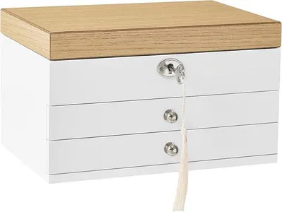 Imagen del producto de Caja de joyería Unyqoos® de 3 niveles: gran espejo, 2 cajones, con cerradura, fabricada en MDF con forro de terciopelo, color blanco con diseño de madera, ideal para anillos, pendientes, pulseras y collares