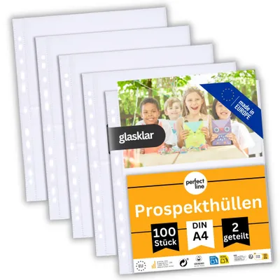 Produktbild von perfect line 100 Prospekthüllen A4 2-geteilt auf A5 PP glasklar 90 my säurefrei