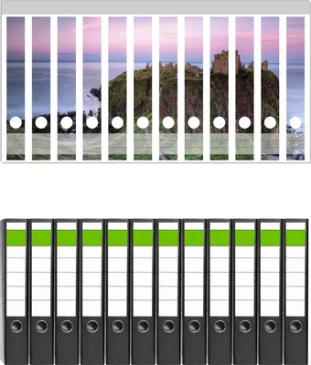 Produktbild von Wallario 12 Stück schmale Ordner inkl. Klebeetiketten mit Motive Schloss am Meer -  Set mit Rückenschildern / Ordnerrücken Stickern