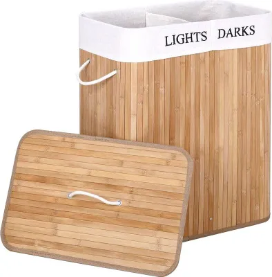 Produktbild von SEVERNO Bambus Wäschekorb mit Leinenfutter, Vielseitig einsetzbar, praktische Aufteilung, Sicher, geruchsfrei, Stabile Konstruktion, 100L, 52x60x32 cm