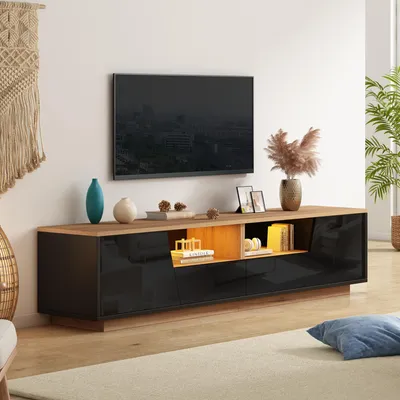 Produktbild von 180*40*46cm TV schrank mit 2 schubladen und 2 schränke TV stand, Fernsehschrank Mit LED, Hochglanz-Lowboard und Fernsehtisch, Geeignet für Fernseher um 75 Zoll, Schwarz + Holzfarbspleiß