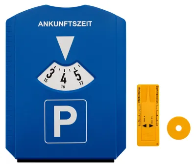 Produktbild von Wiltec Parkscheibe 5-in-1 Parkuhr nach StVO mit Eiskratzer, Einkaufschip, Profiltiefenmesser und Gummilippe