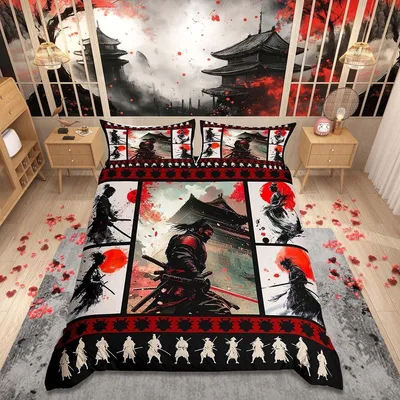 Immagine prodotto di Set di lenzuola giapponese con motivo samurai, comprensivo di federe