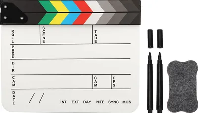 A white clapboard with colorful stripes on top, along with two black markers, their caps, and a gray eraser.