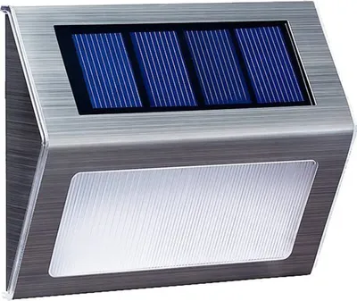 A solar-powered outdoor light with a brushed metal finish and blue solar panels.