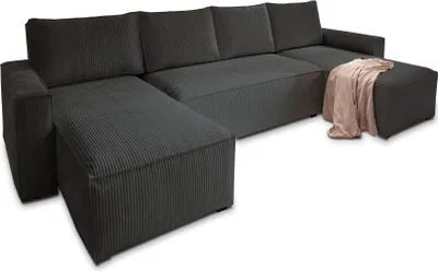 Produktbild von Masseno Ecksofa ASPRA mit Schlaffunktion U-Form, Sofa mit Bettkasten, Wohnzimmersofa, Couch, Soffa, Bettsofa, Couchgarnitur- Schwarz, POSO 135