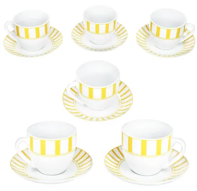 Zdjęcie produktu dla Dzielone żółte filiżanki do kawy w paski ze spodkami dla 6 osób porcelana do herbaty w paski