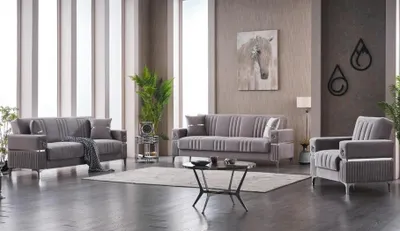 Immagine prodotto di Set divano completo tre posti grigio 3 pezzi in tessuto divano cuscini di seduta
