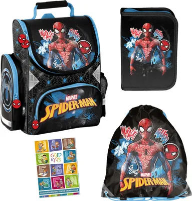 Produktbild von Spiderman Schulranzen ergonomischer Ranzen Federmappe Turnbeutel Aufgabenheft für die Grundschule 4er Set Lizenzartikel Marvel Spiderman Spider-man