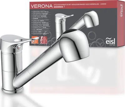 Produktbild von eisl Küchenarmatur VERONA mit Geschirrbrause, Niederdruck Armatur Küche, 360° schwenkbarer Wasserhahn Küche Chrom