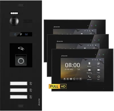 Produktbild von BALTER EVO HD Schwarz RFID/Fingerprint 3x7" Schwarz Video Türsprechanlage Set 3 Familienhaus