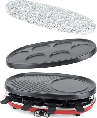 A multi-part raclette grill set displayed against a white background.