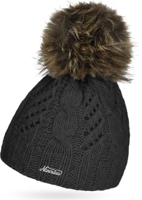 Produktbild von Damen Strick-Mütze Fell-Bommel Herbst Wintermütze Kunstfell Bommelmütze Zopfstrickmuster Neverless® schwarz unisize